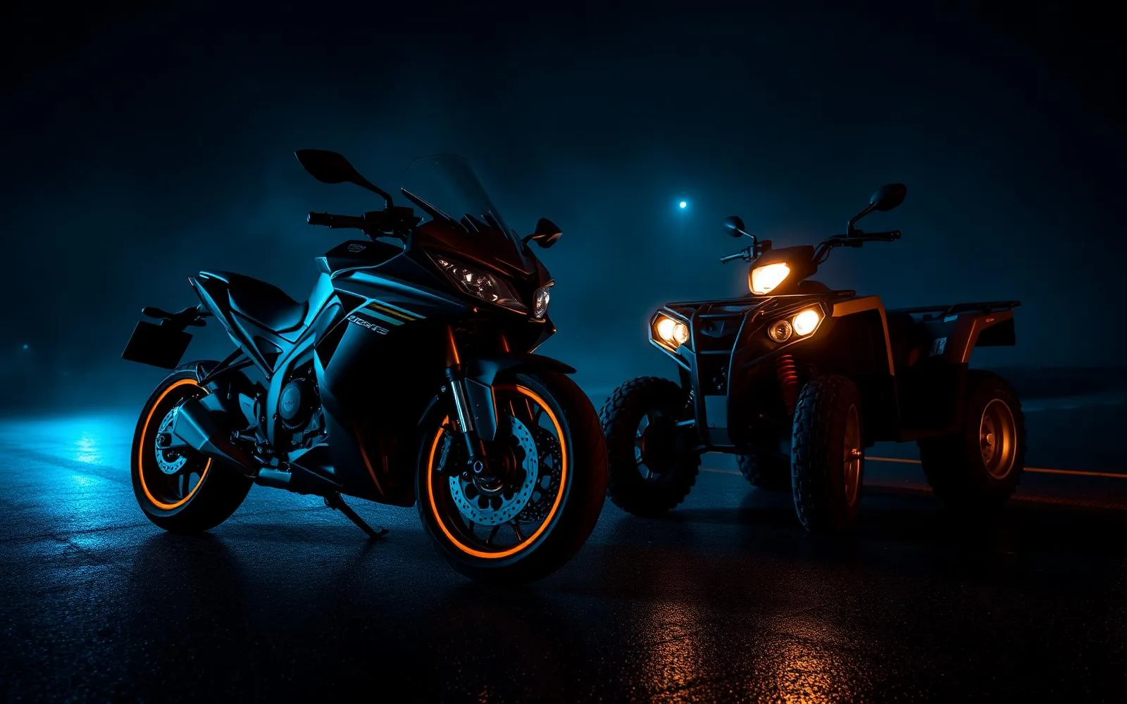 Sport motorcycle and ATV at night
